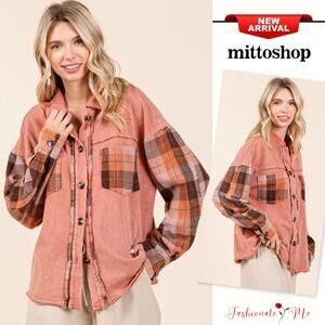 Mittoshop Button Down Contrast Plaid Patchwork Chest Pocket Shacket | Terracotta
